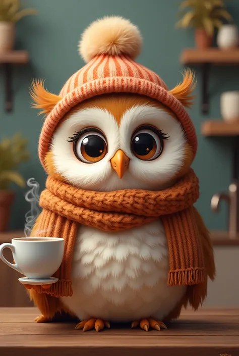 Cheerful funny funny cute little owl, in a scarf and a voluminous hat with a pompom,  protruding feathers, tuckled , with a cup of coffee , cuteness, neatness