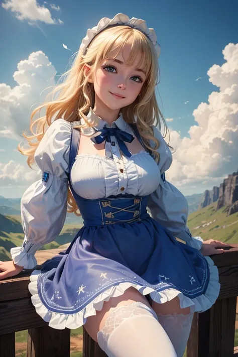 highres, hi res, best quality, masterpiece, intricate details, absurdres, 4k, 
1girl,  sky, clouds, magic particles, cute pose, medium breasts, smile, looking at viewer, cute, detailed landscape, cowboy shot, 
AliceWaifu, blonde hair, blue eyes, white apro...