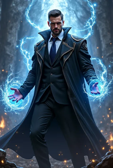 Handsome sorcerer with a short beard wearing a black robe wearing a black suit with a dark blue tie underneath , using steel magic in a fight