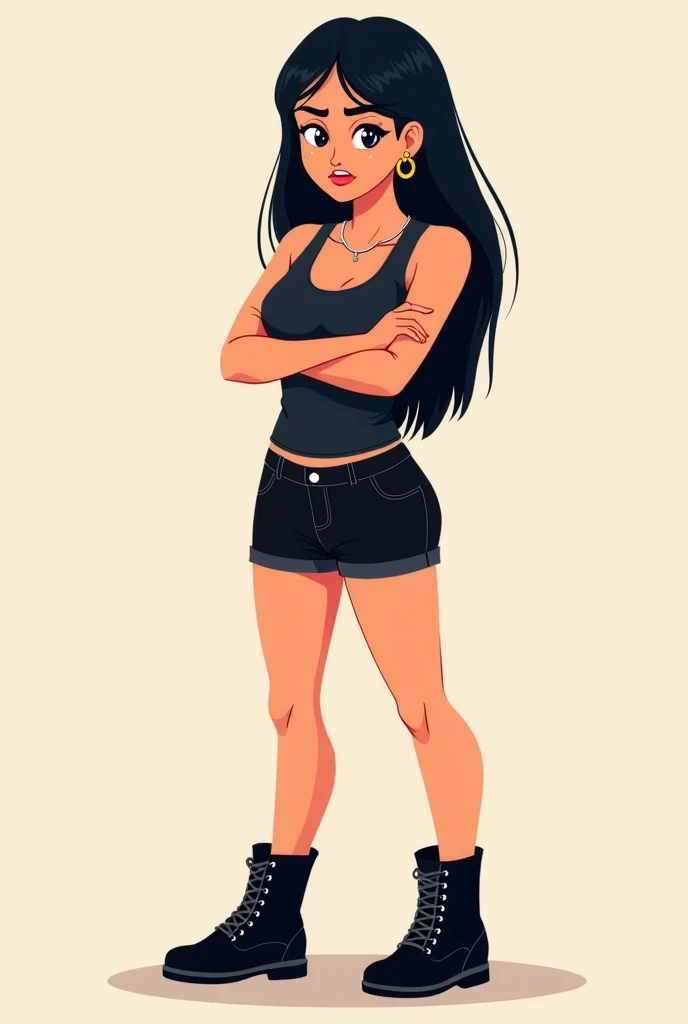 in illustration.  A fair-skinned woman .  She has straight long black hair .  She has a hoop piercing on her nose .  The woman is angry with her arms crossed.  She wears a black tank top , black shorts and black boots . 