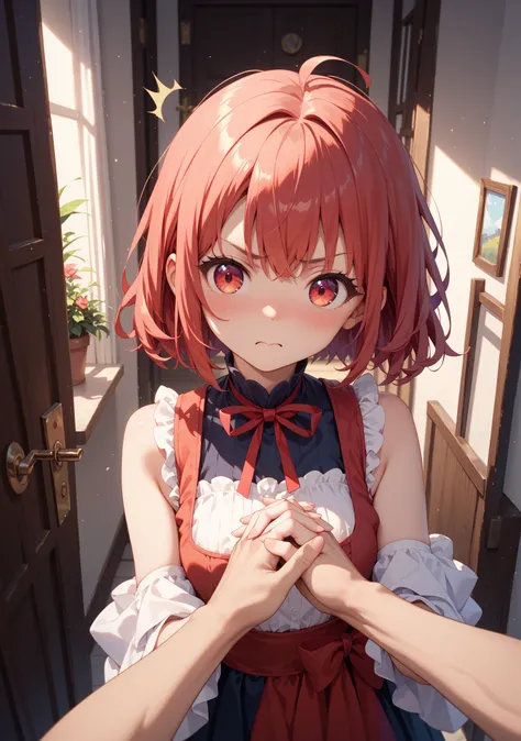 girl, cute, moe, blushing, tsundere, hold hands, {{upset, red face, surprise}}, looking away, best quality, very aesthetic, walk together