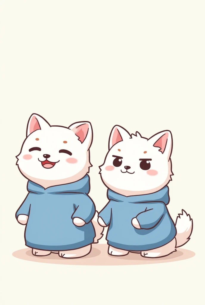 As an image of a white plush dog with a blue sweatshirt and another of a white dog with a scared blue sweatshirt that are like anime style