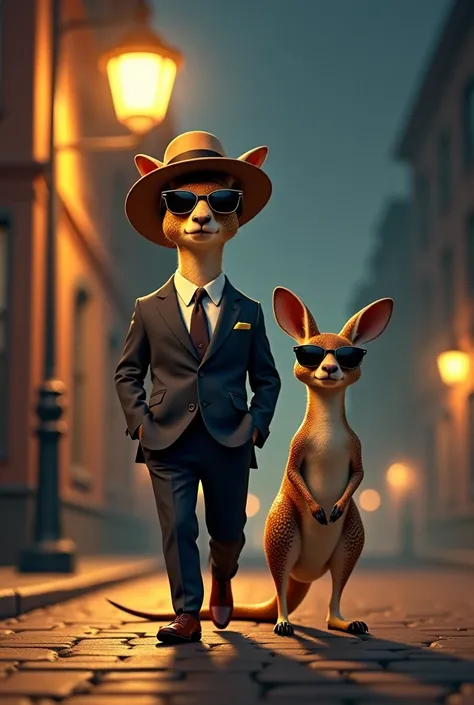 Dressed animal - stylish kangaroo and stylish kangaroo snake in sunglasses, walking under street light 