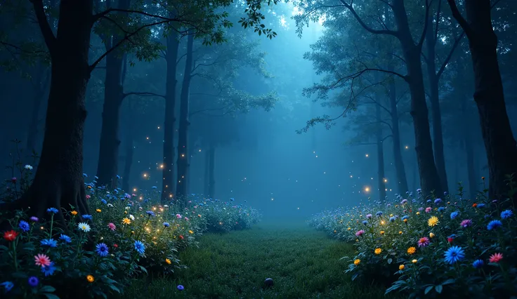 realistic picture of a small glade in the middle of a dark magic forest; wilderness; night; night time; dark; darkness; gloomy; there are some blue, white yellow and red flowers at the picture; there are several blue, green, yellow, red and violet sparks a...