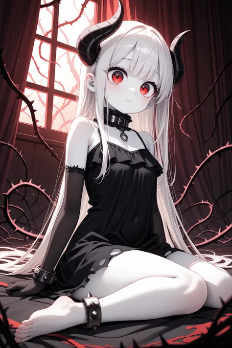  1 girl　Late Night　A dark ruined room 　2 short black horns on the head　 white hair　 semi-long straight hair　 White Skin　 red eyes　big eyes　Short limbs　 Thin Hands and Feet　 barefoot　tattered white smog dress　 thick collar with black spines　thick anklet wit...