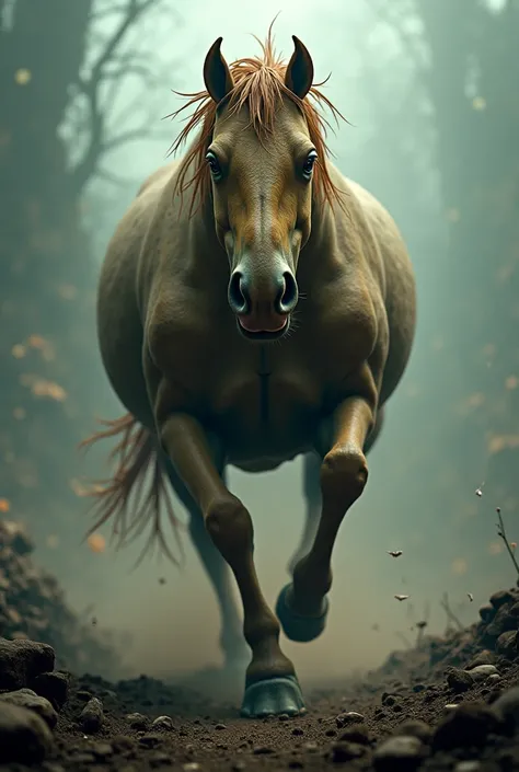 An evil horse shaped like a POTATO POTATO With horns runing super fast.