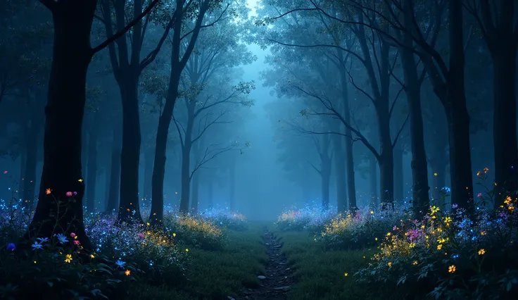 realistic picture of a dark magic forest; night; night time; dark; darkness; gloomy; there are some blue, white yellow and red flowers at the picture; there are several blue, green, yellow, red and violet sparks are flying in the air; haze, fog; highly det...