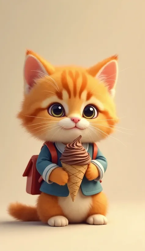 kitten(kitten cat orange , cute, dressed school uniform) raised chocolate ice cream,  like it wants to give its ice cream