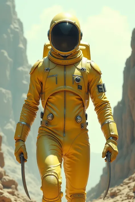 Man in pale yellow astronaut suit, with dark visor with short bronze hair and with knives in his hand 