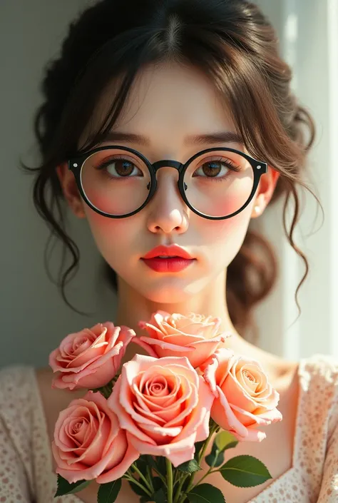 Beautiful lady wearing spectacles with a bunch of rose flower 