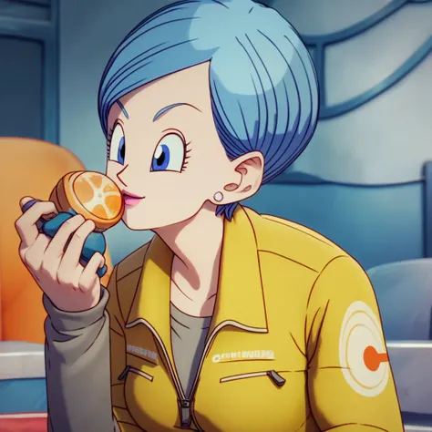 Orange shoes,  yellow short-sleeved jumpsuit, Gray Long Sleeve Shirt, bulma ,  blue eyes , Short blue hair, earring, belt,  Pink Lipstick , Grab the butt, Show off the butt as a highlight , Trouser edge handle waiting to be removed