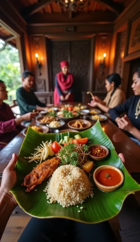 "POV shot of a person while eating traditional Indonesian food in a classic Nusantara-style house in the year 1855. The person's hands are seen holding a banana leaf plate filled with authentic dishes such as nasi liwet, grilled fish, sambal, and fresh veg...