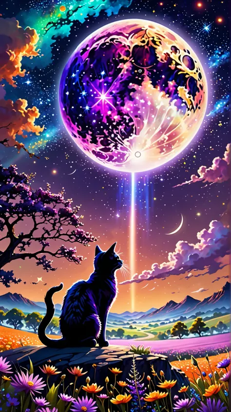 expansive landscape photograph , (a view from below that shows sky above and open field below), a cat and dragon standing on flower field looking up, (full moon:1.2), ( shooting stars:0.9), (nebula:1.3), distant mountain, tree BREAK
production art, (warm l...