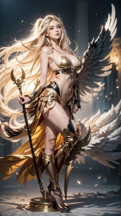 a painting of a woman with a golden angel holding a spear, angelic golden armor,  of the angel knight, tall female angel,  Majestic full-body angel , as a mystical valkyrie, The God Athena, mystical valkyrie, anime goddess, Golden Goddess Athena, archangel...