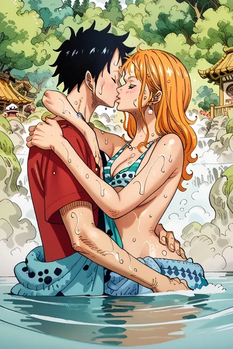 Nami (Single set ), and, Luffy (Single set ), Kissing, Extremely detailed images, Oda's Original One Peach Stripe, Sweating , Hot Spring 