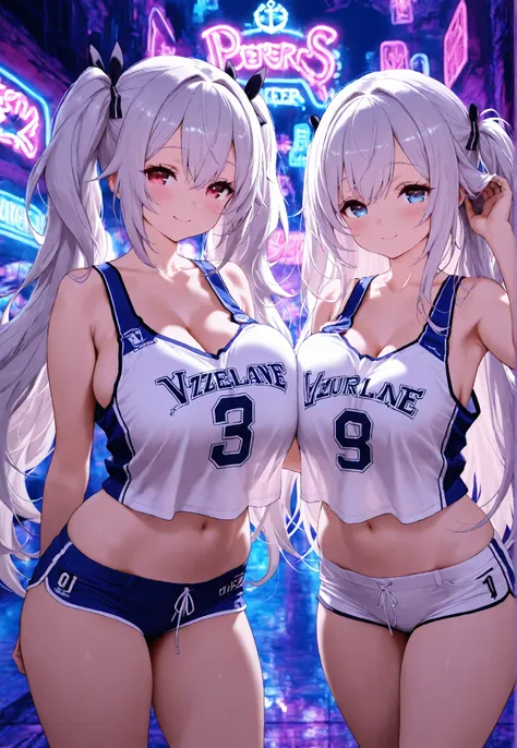 2girls, Laffey (adult) and her sister,  (Azur Lane), Azur Lane, Lakers' jersey, Nightclub, hand on ear, huge busty breasts, curvy body, neon lights, mischievous smile, short shorts, ,, masterpiece, best quality, amazing quality, detailed background, intric...