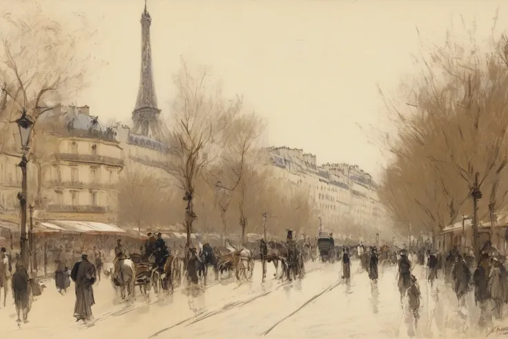 sketch,  From a Paris landscape, 1880 France.  with thick,  ,   work of art .  Calcium light  .   alta resolución,     masterpiece,  alta resolución,   lines of motion ,    The best quality   ,    tall details, beige sketch  . alta resolución, 