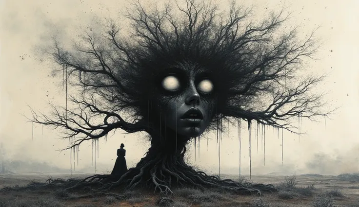 a artistic ink splashes blending dripping effect, dripping glitch cascade of dark shadow dripping ink code, forming the eerie creepy  female face in front of an old tree stay vast alien landscape panoramic photoshoot, Double exposure a miniscent of Monet p...