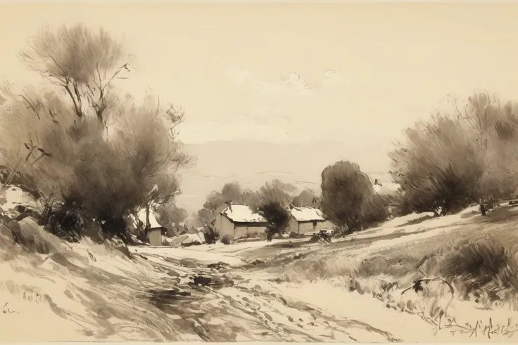 sketch, From a French landscape, 1880 France.  with thick,  ,   work of art .  Calcium light  .   alta resolución,     masterpiece,  alta resolución,   lines of motion ,    The best quality   ,    tall details, beige sketch  . alta resolución, 