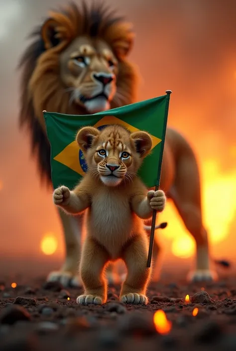 Realistic lion cub holding Brazil flag fire scene . Lion father in the back 