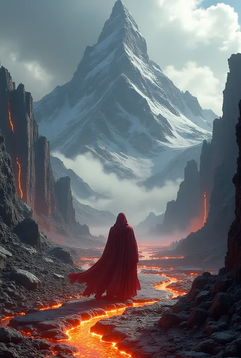 A tall mountain with big rocks, and great rivers of fiery lava and Jesus dressed in red silver walking on it