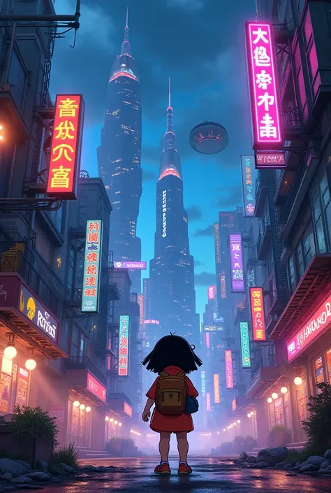 Ghibli、 cyberpunk　neon　Dora