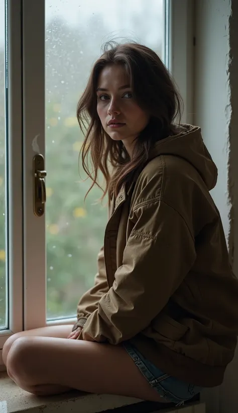 real photo. a female, 22 years old, european, young adult, slim body, small breasts, brunette hair.   in a homemade short jacket sits on the windowsill. It&#39;s raining outside. a girl looks forward at the camera 