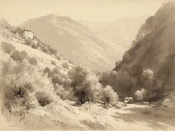 sketch, From a Viennese landscape, 1880 France.  with thick,  ,   work of art .  Calcium light  .   alta resolución,     masterpiece,  alta resolución,   lines of motion ,    The best quality   ,    tall details, beige sketch  . alta resolución, 