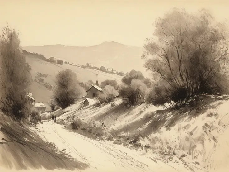 sketch, From a Viennese landscape, 1880 France.  with thick,  ,   work of art .  Calcium light  .   alta resolución,     masterpiece,  alta resolución,   lines of motion ,    The best quality   ,    tall details, beige sketch  . alta resolución, 