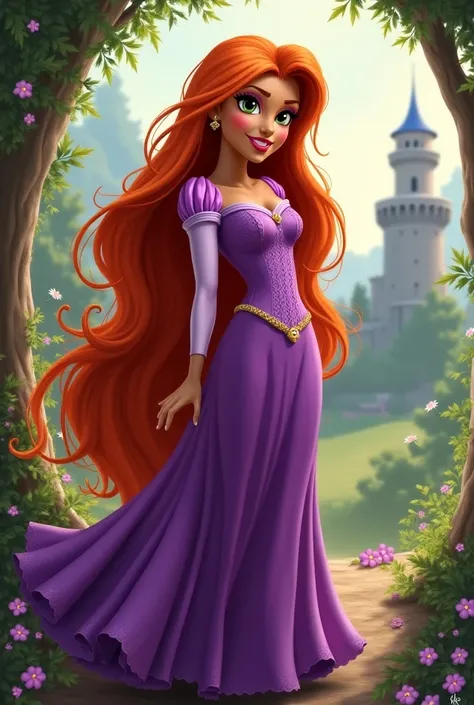 Starfire from the Teen Titans as Rapunzel ( curly and plentiful red hair/  brown skin/ Green eyes and tall)/(long hair and purple dress ) (  Disney style)*