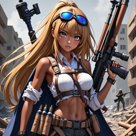 Beautiful female sniper with a gun in the apocalypse 、 sniper rifle with a cape、  anatomically correct posture   、 equipped with lots of tools on a tanned leather tool belt、Full Harness、 perfect eyes、Glossy brown skin 、Tattered clothes