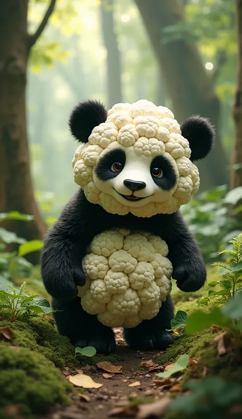 A panda fully made of cauliflower  in forest 