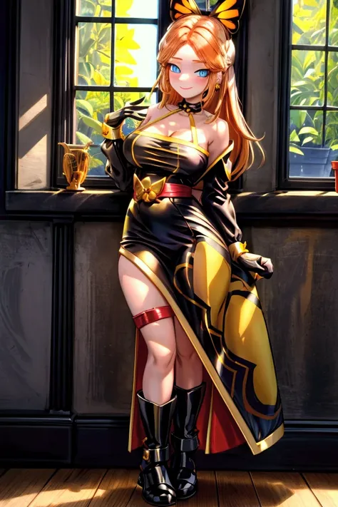 "Masterpiece, best quality, 1 girl, orange long hair, loose hair, blue eyes, standing indoors with intricate details and sunlight. black and yellow frilled dress with short neckline, black gloves, black butterfly belt, earrings, black boots. Sweet smile, s...