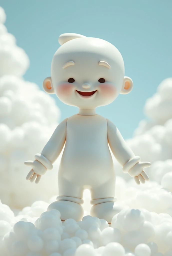 A rubber boy with white clothes a smile and  white clouds aura