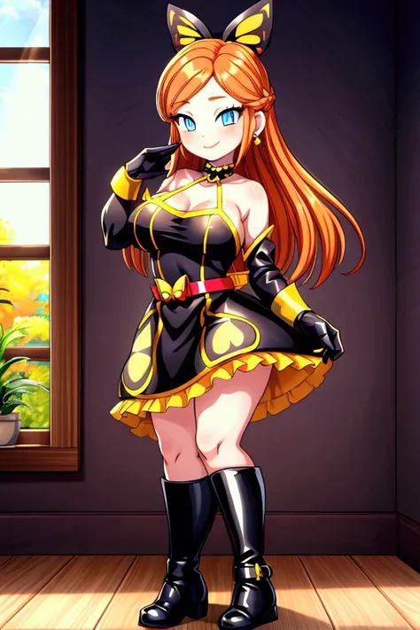 "Masterpiece, best quality, 1 girl, orange long hair, loose hair, blue eyes, standing indoors with intricate details and sunlight. black and yellow frilled dress with short neckline, black gloves, black butterfly belt, earrings, black boots. Sweet smile, s...