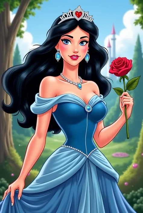 Donna Troy as Princess Aurora ( White foot/  black hair blue dress, silver crown and necklace) ( Holds Rosa/  Disney style)