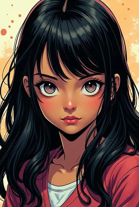 Create the comic book image of Dc, Of a  girl , she has brown skin, light pink eyes, almost gray , And long black and white hair, On the side fringe.