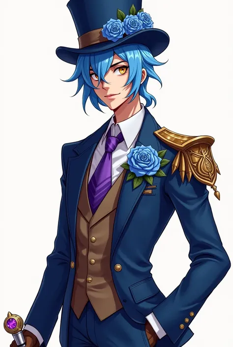  drawing style. :  an adult gentleman ,  tall in a blue tuxedo suit with a purple tie, It has yellow eyes , pale skin with an alastor-like smile blue hair in bangs , mediaeval-style adult look with chivalrous eyes , has a blue rose on his suit and a mediev...