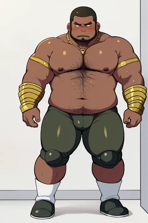 Cartoon network style , (masterpiece, best quality:1.2), 1man, solo, Chubby, Papa, Chubby , Dark-Tan skin , crew cut , ashamed face , Golden armor , shoulder armor , closed mouth, black thight , standing , boots , full body