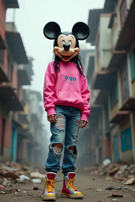  A young fashion model girl ,  wear Miney Mouse mask , Wear urban style outifit  ,   in a colorful pink sweatshirt ,  she is on top of a slum 