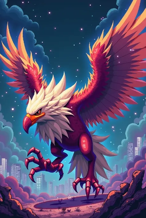 Create a pix art image of an eagle in Digimon style. It must have metallic elements, Without more minimalist backgrounds and pixels. The eagle must be robotic and the pixel style must be similar to that of the Super Nintendo