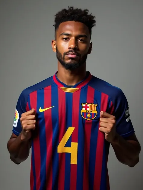  Create a professional image of a soccer player kissing the club's shield (Francisco Lachowsky ., a young man, 24 years old square face, dark skin, eyes, trimmed beard, short brown hair, Muscular) standing, With confidence,  wearing the striped 2025 FC Bar...