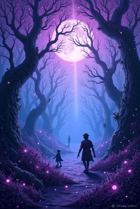 Make a painting of a beautiful magical forest in shades of purple and black