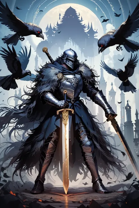 Elden Ring-like boss, tall knight, light armor, lord of the great Crows, black feathers, shadows, dusk, long thin sword, crow helmet, ready to fight, double edge thin sword