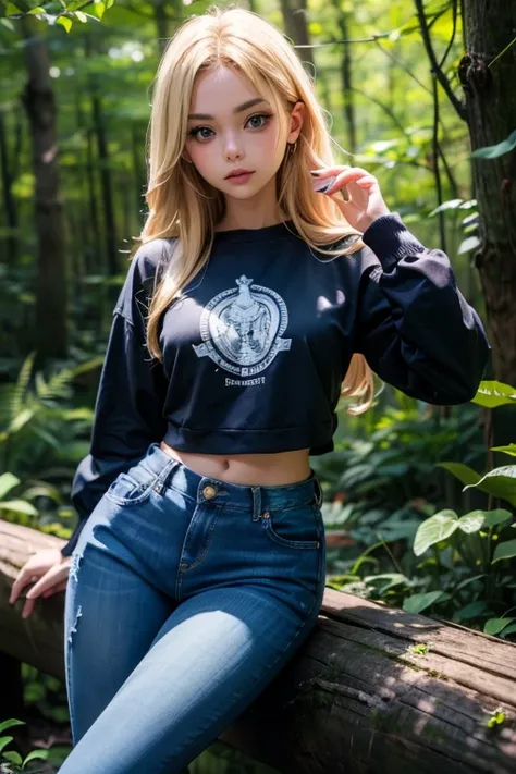 cute tween girl with long blonde hair, posing in woods in black sweatshirt and blue jeans