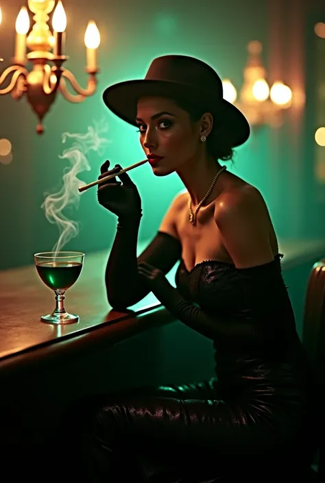 A mesmerizing cinematic shot in the classic noir style, infused with a creeping, otherworldly horror. A seductive femme fatale sits in a dimly lit speakeasy, her presence commanding yet enigmatic. She wears a figure-hugging, Art Deco-inspired evening gown,...