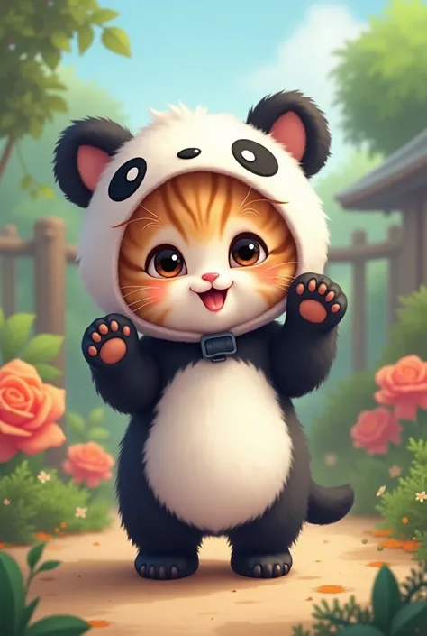 kitten　cute　Panda costume　Zoo background　Illustrated style