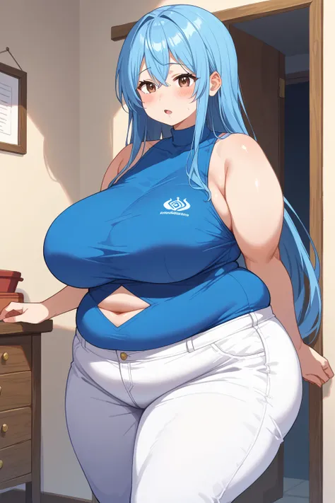  Izanami ,  Izanami ,blue shirt, sleeveless ,White trousers,Exposed navel,Obese middle-aged woman, troubled expression, embarrassing expression ,milf, chubby, king bang , score_9,  score_8_ up、 score_7_ up、 score_6_ up、 score_5_ up、 score_4_ up、 masterpiec...