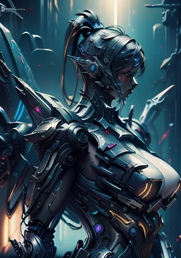  masterpiece，（ Best Quality）Black carbon fiber sci-fi machine Mulan black skin elf restraint girl，A mechanical metal protector is embedded on the surface of the nipple， super evolution future technology heroine mechanical structure，Abandoned Palace in the ...