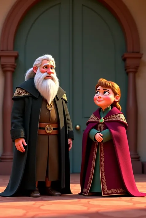 two cartoon characters dressed in medieval clothing stand in a room, a digital rendering inspired by Johannes Helgeson, trending on polycount, conceptual art, disney 2d animation still, animated film, medium shot of two characters, frozen ii klaus film, an...